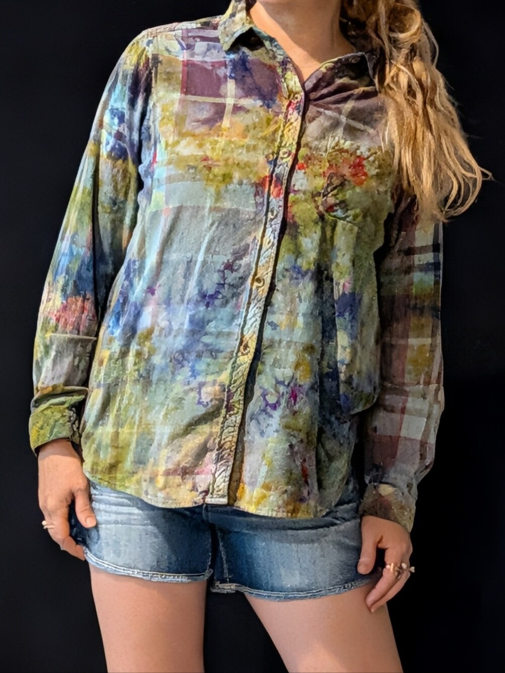 Custom Tiedye Button Down Plaid Long Sleeve Shirt